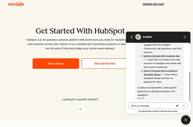 HubSpot landing page with “Get a demo” and “Get started free” CTAs and HubBot chat window open.