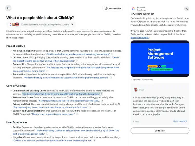 Reddit Answers summary of ClickUp pros and cons with linked thread.
