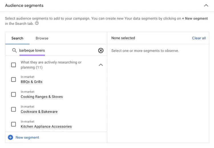 Audience segments settings on Google Ads with "barbeque lovers" entered showing related audience segments to target.