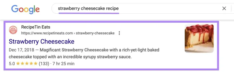Google SERP with “strawberry cheesecake recipe” entered as the term and the result appearing in the first position highlighted.