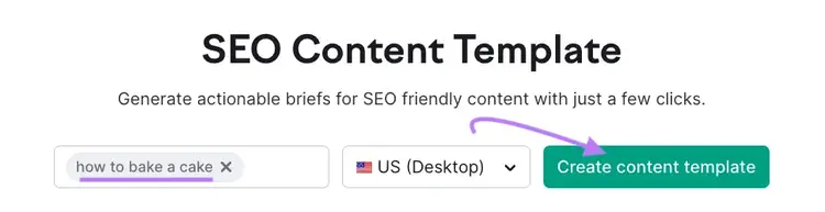 "how to bake a cake" entered into SEO Content Template tool