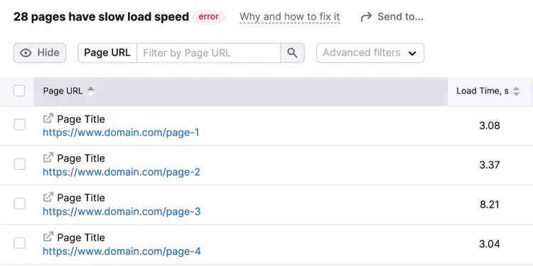 Site Audit showing a list of pages with slow load speed.