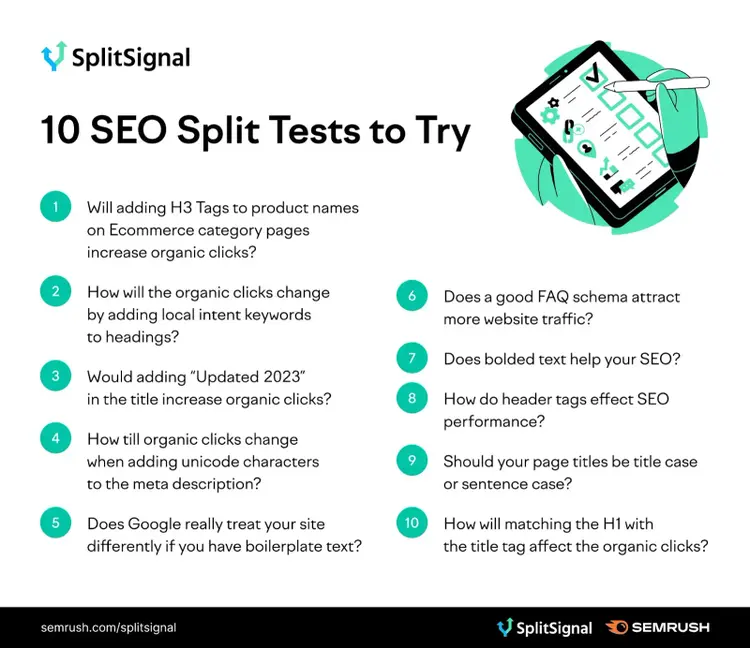 An infographic listing 10 SEO split tests to try with SplitSignal
