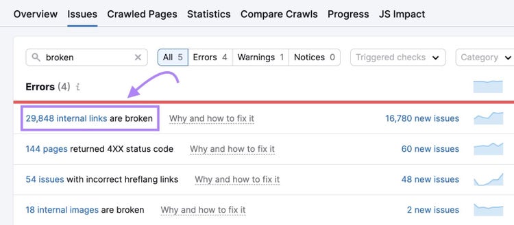 Screenshot: Site Audit broken links report showing specific pages with 404 errors highlighted