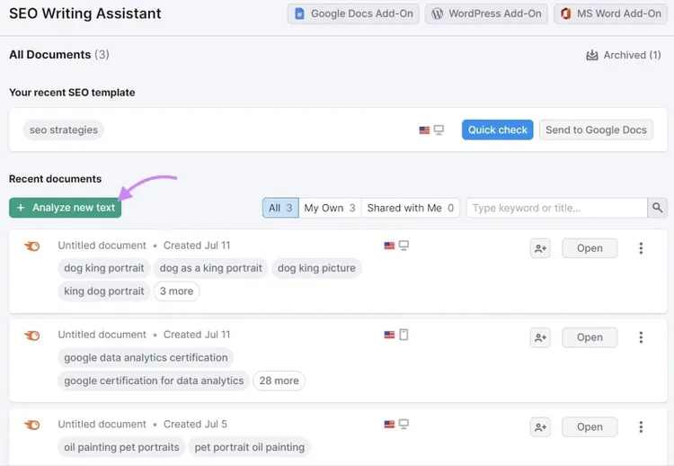 “+ Analyze new text” button highlighted in SEO Writing Assistant