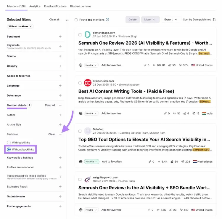 Brand Monitoring tool with a filter applied on the left-menu to show only mentions without backlinks.