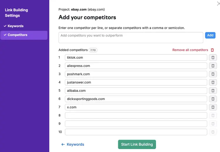 Semrush Link Building form to add ecommerce competitors