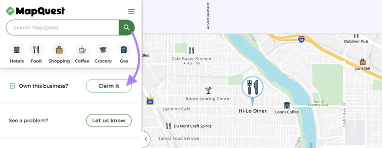 A business's MapQuest profile is shown with the Claim it button appearing toward the bottom.