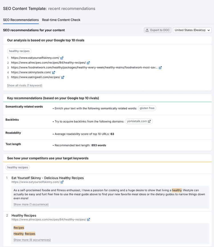 A template generated by the SEO content template that includes links to the top 10 results on Google, keyword recommendations, and a list of how your competitors used your target keyword