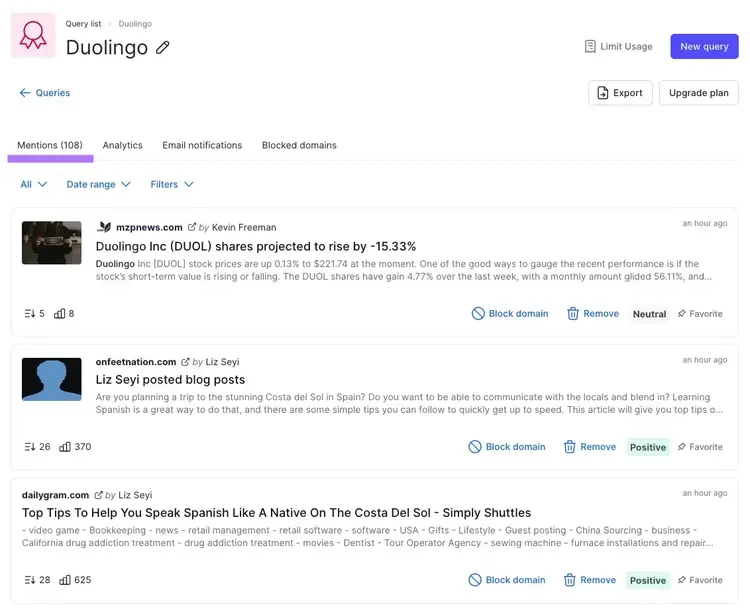 Brand Monitoring dashboard showing Mentions tab for Duolingo query
