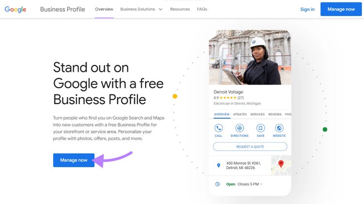 Google Business Profile homepage with the "Manage now" button clicked.