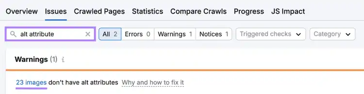 Search for alt attribute in Site Audit reveals images without alt text.