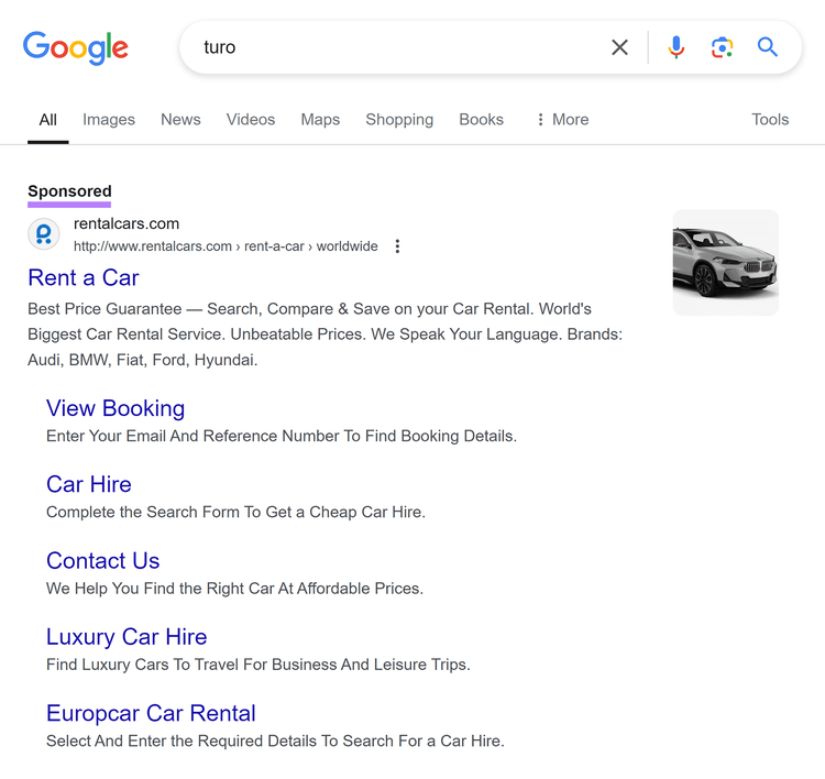 Google SERP for 'turo' showing competitors ad
