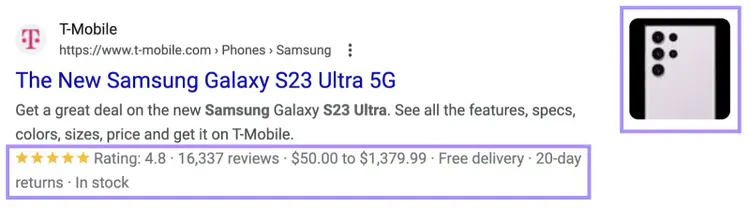 An example of rich results including rating, reviews, price, delivery, returns and stock information under T-Mobile's site for New Samsung Galaxy S23 Ultra 5G