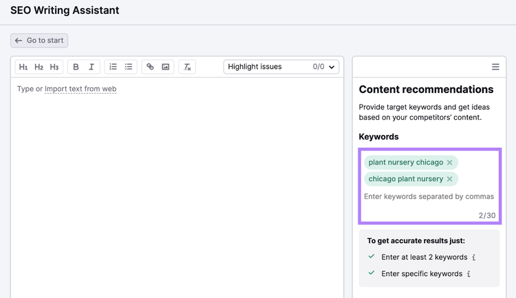 plant nursery chicago and chicago plant nursery keywords added to seo writing assistant