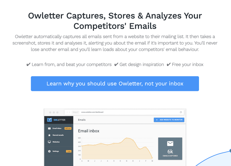 Owletter email monitoring tool showing competitor email frequency analysis