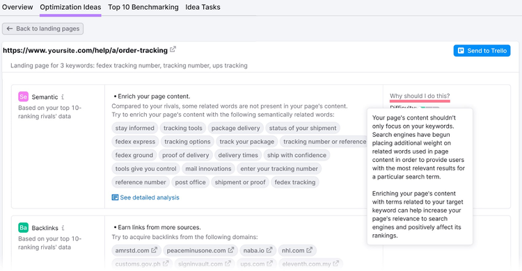 an example of "Optimization Ideas" section in the tool