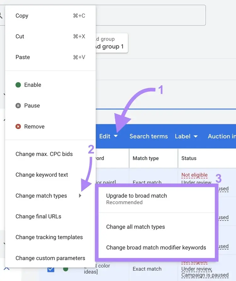 Changing the match type for multiple keywords at once by clicking "Edit" and then "Change match types."