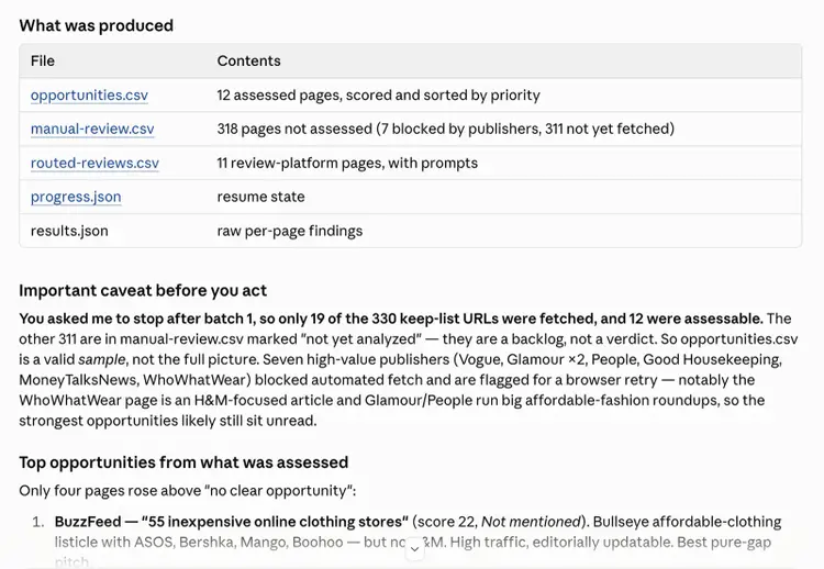 Claude summarizes citation outreach files produced, unassessed pages, and top outreach opportunities