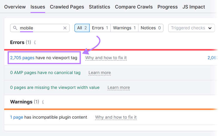 mobile-specific issues found in Site Audit tool