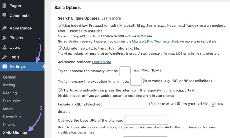 XML-Sitemap Generator for Google selected from the "Settings" dropdown on WordPress.