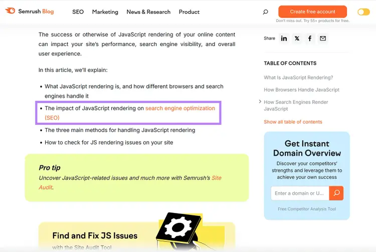 Highlighted link in a blog article showing how an anchor tag is used to in a live blog post.