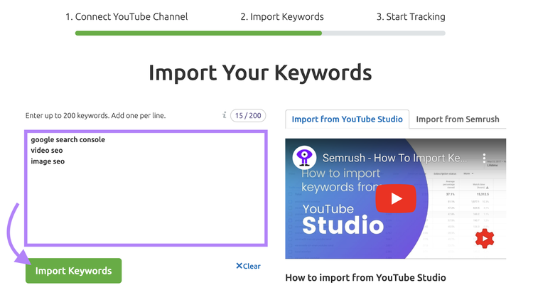 "Import Your Keywords" box in Rank Tracker for YouTube