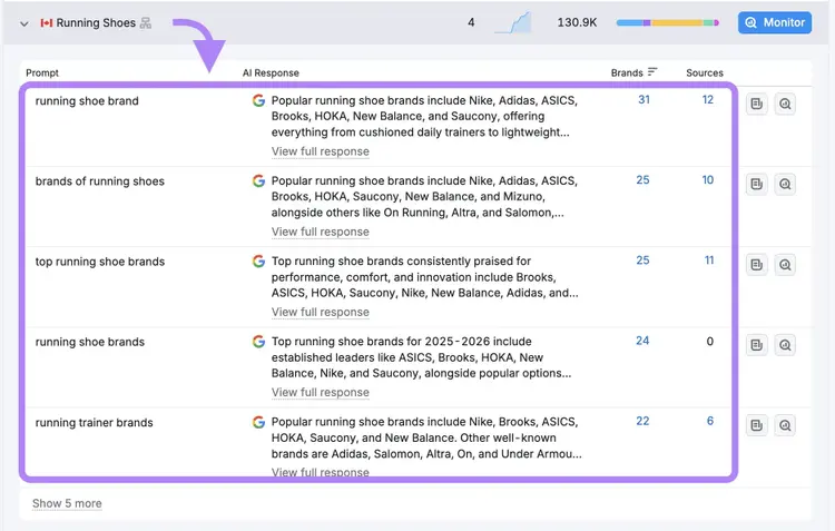 A topic expanded showing a list of specific prompts generating those answers along with brands mentioned and sources.