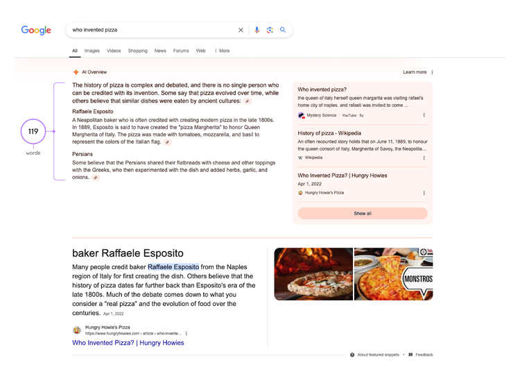 Google search showing AI Overview for who invented pizza with ~119 word response