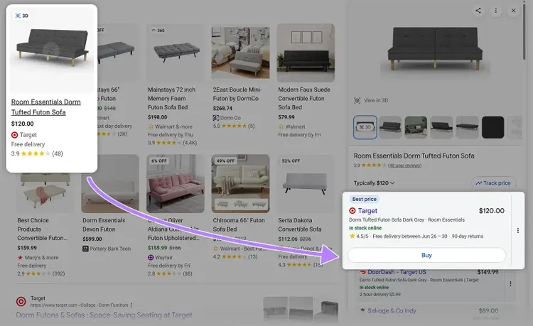 Google product result for a futon sofa with price, reviews, seller details, and Buy button