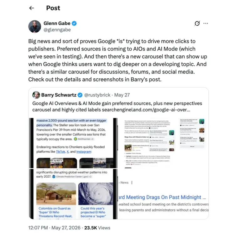 Glenn Gabe's X post explains that Preferred Sources coming to AI experiences could benefit publishers.