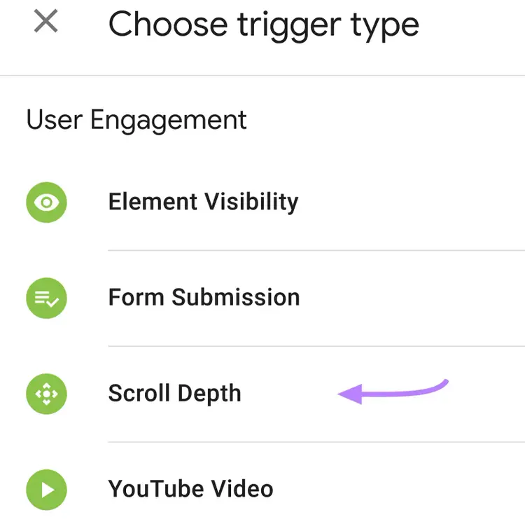 “Scroll Depth” option selected under “User Engagement” area