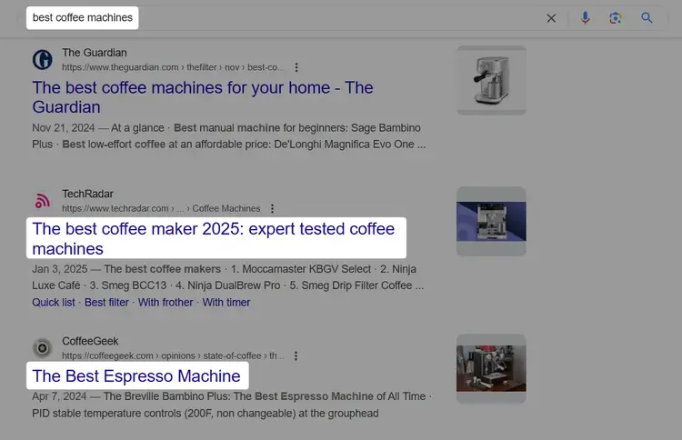 Google search results for best coffee machines with highlighted title text preview