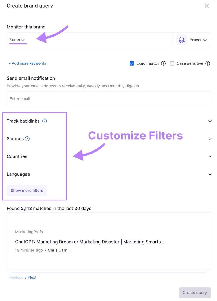 "Create brand query" window in Brand Monitoring app