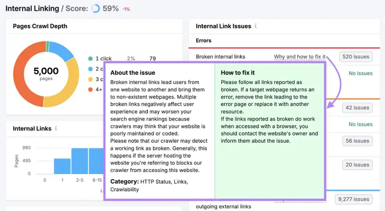 why and how to fix it pop up explains more about broken internal links and how to fix this issue