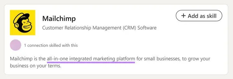 LinkedIn skill page describing Mailchimp as an all-in-one marketing platform for small businesses