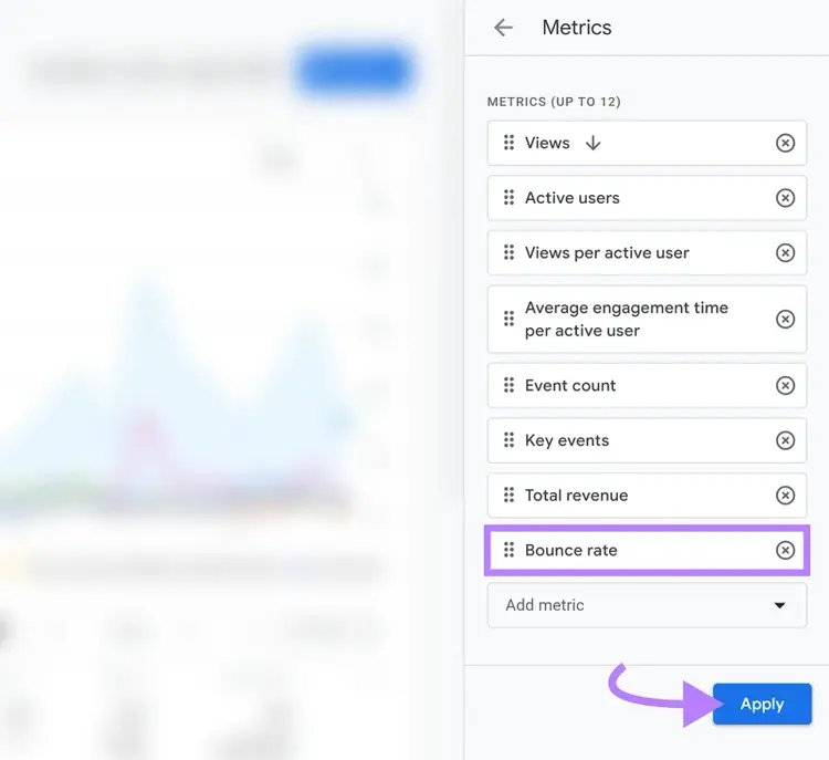 Google Analytics report settings with the Bounce rate metric added and the Apply button highlighted