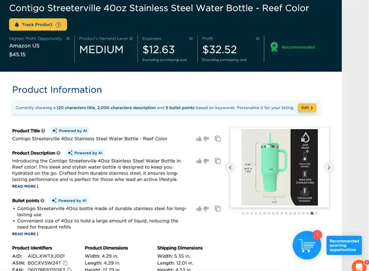 Semrush ecommerce product analysis for water bottle showing profit opportunity and demand