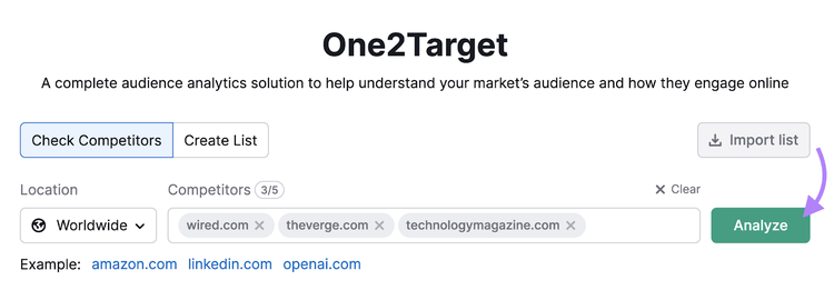 domains like wired, the verge, and technology magazine entered into one2target tool