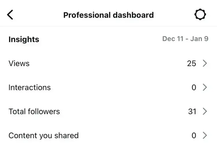 Instagram Professional dashboard showing analytics data.
