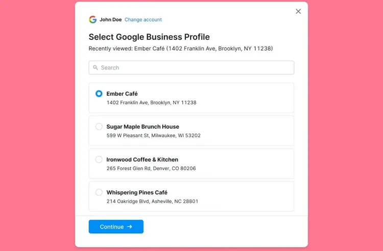 Select Google Business Profile dialog showing Ember Cafe selected with other business locations listed