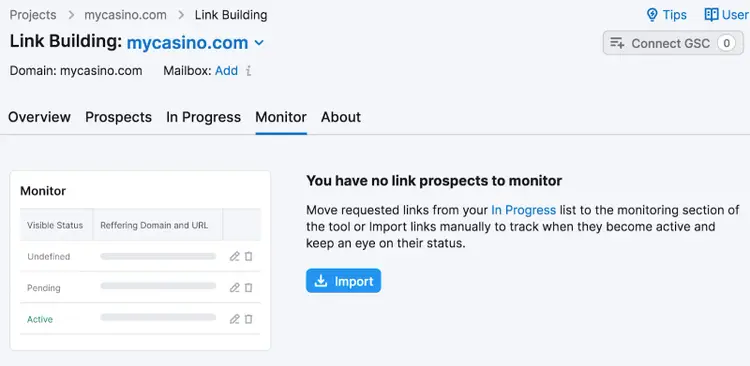 "Monitor" tab in the Link Building tool