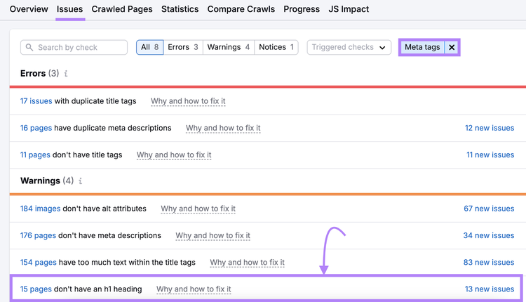 search for meta tag issues in site audit shows h1 tag issues