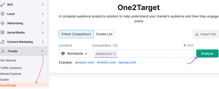One2Target interface, showing a main panel for analyzing competitors, with an "Analyze" button pointed out by purple arrow.