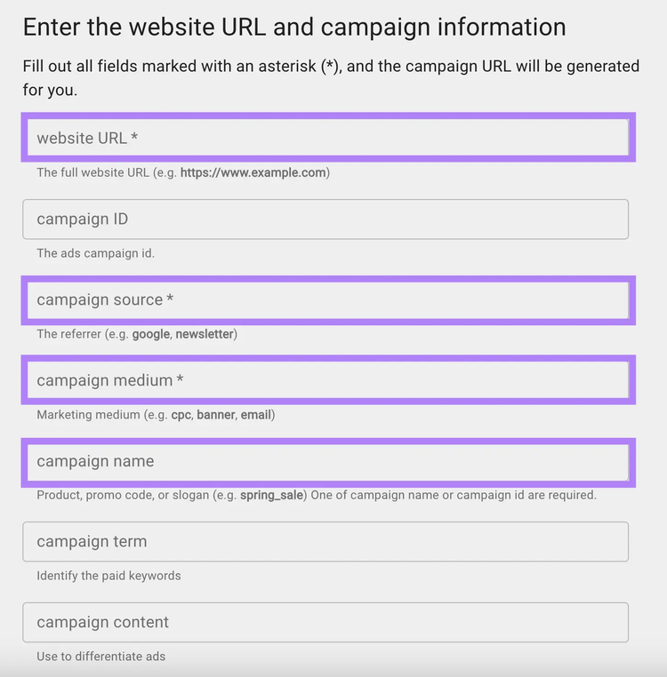 page to enter website URL and campaign information like source, medium, name, term etc. on Google's Campaign URL Builder