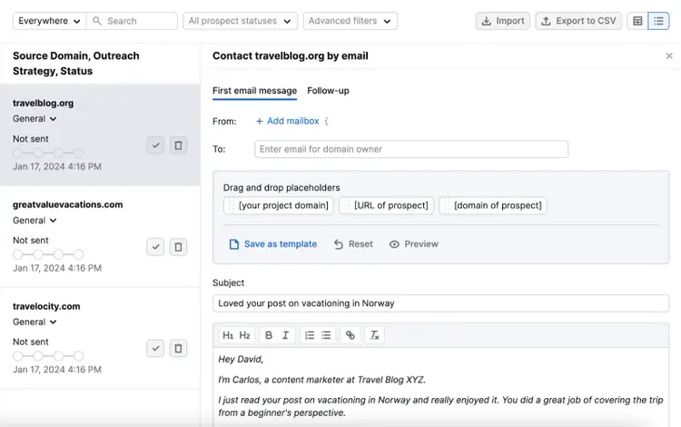 Email outreach template in Link Building tool