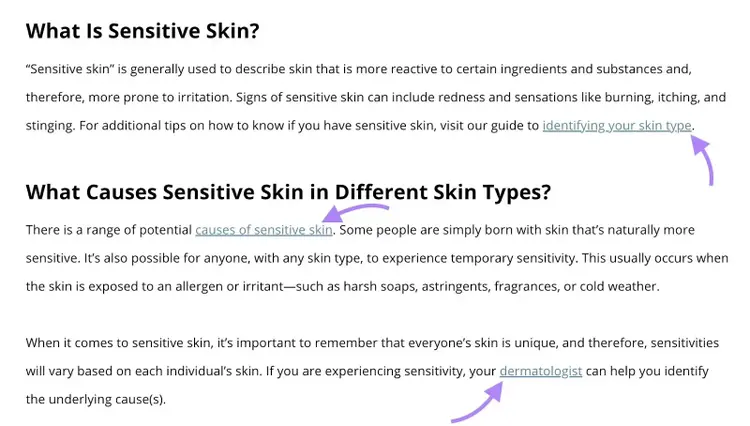 A blog post by CeraVe with multiple internal links with relevant anchor text.