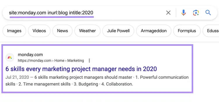 Google's SERP for "site:monday.com inurl:blog intitle:2020” search query