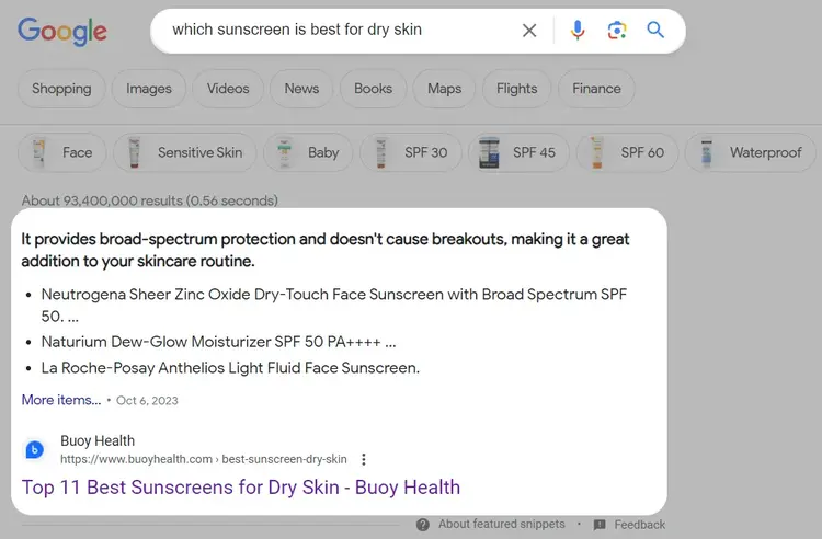 Top of SERP for “Which sunscreen is best for dry skin” query