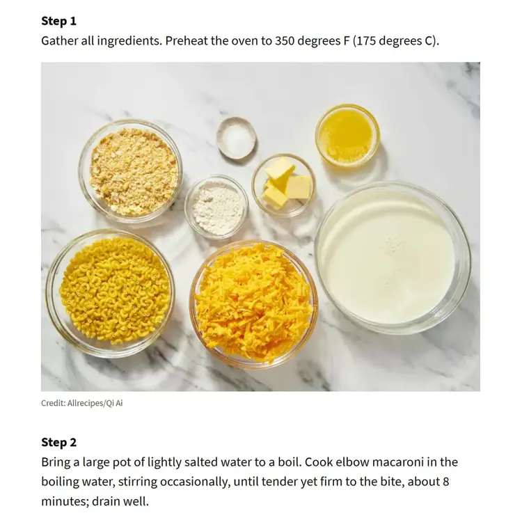 Recipe page showing step-by-step instructions and an image of macaroni and cheese ingredients